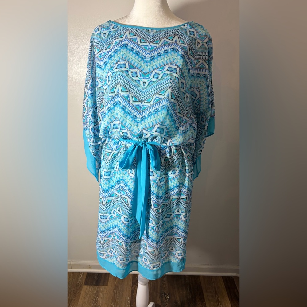 Aqua and White Geometric Midi Dress